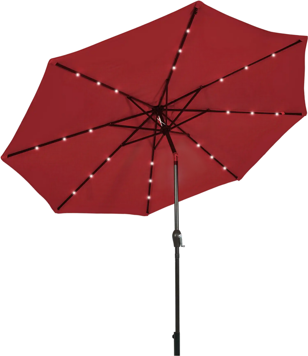 10' dark red solar LED lighted patio umbrella with tilt adjustment and crank for outdoor shading and evening ambiance.