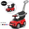 Red 3-in-1 ride-on push car with removable handle, music, and storage, designed for toddlers aged 12-36 months.
