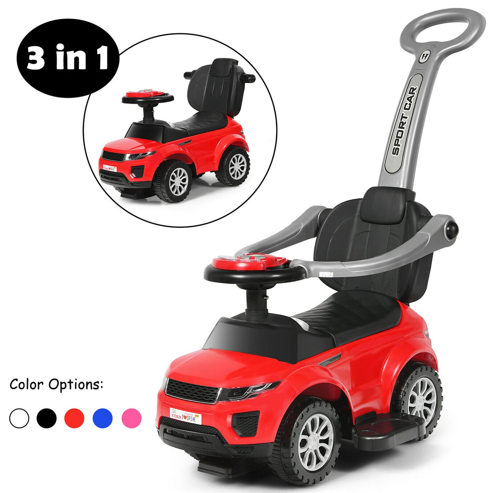 Red 3-in-1 ride-on push car with removable handle, music, and storage, designed for toddlers aged 12-36 months.