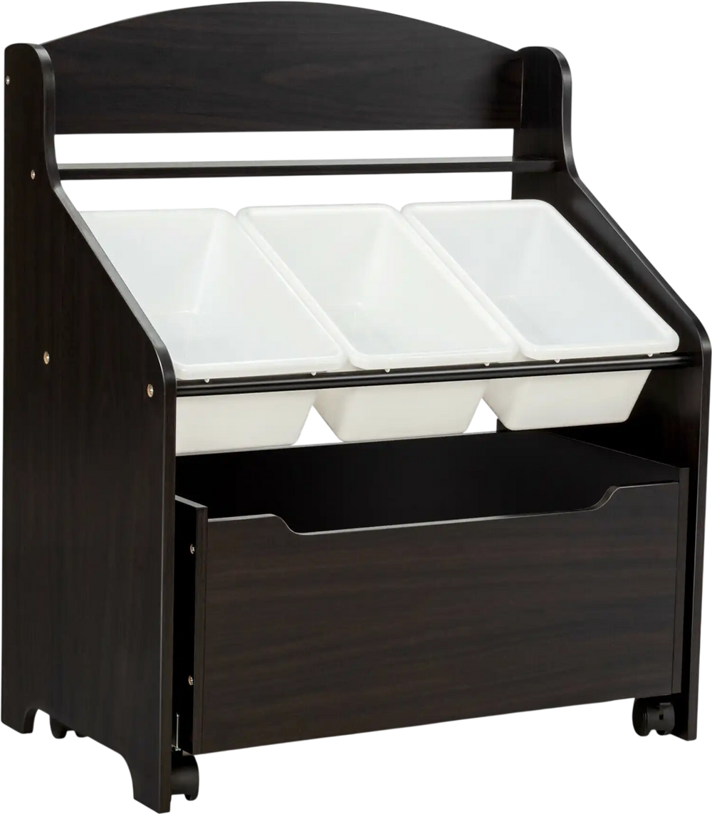 Kids wooden toy storage unit in espresso with 3 removable bins and rolling toy box for easy organization and access.