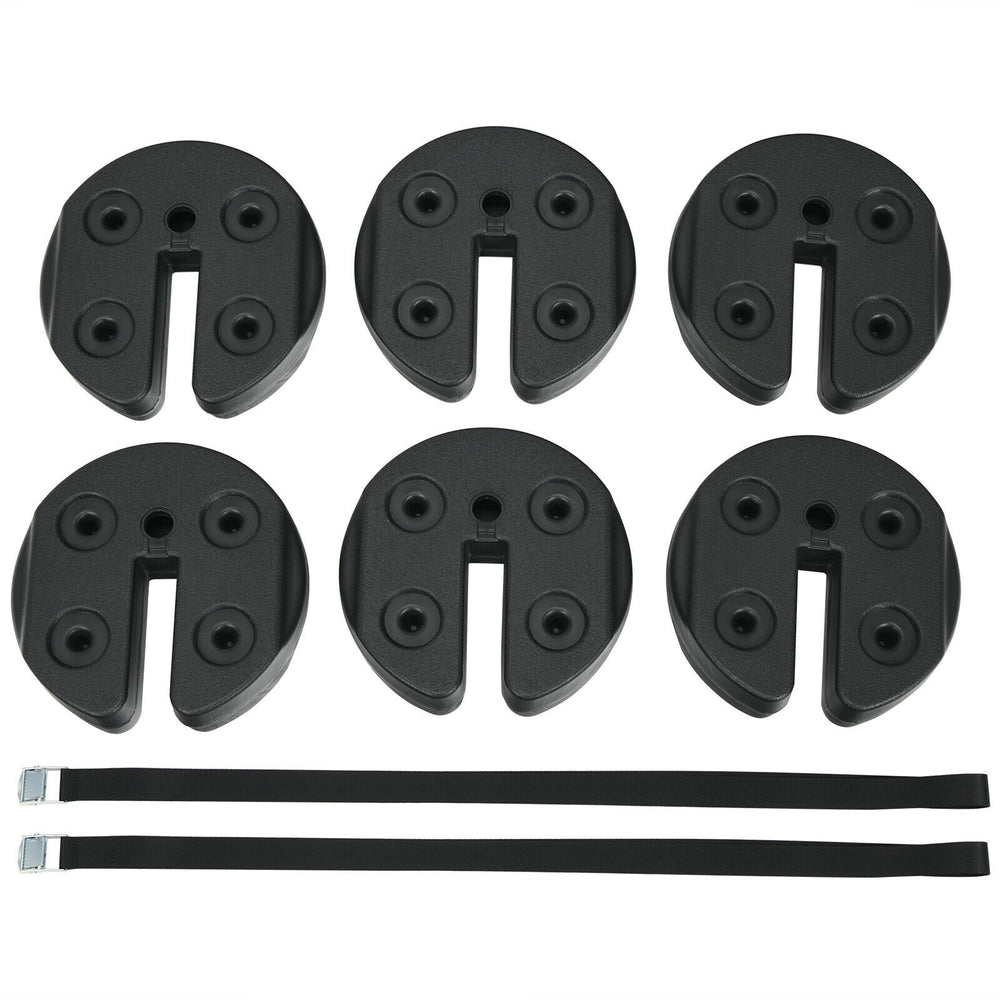 Set of 6 canopy weights with no-pinch design, each 30lbs, made of weather-resistant PE for outdoor use.