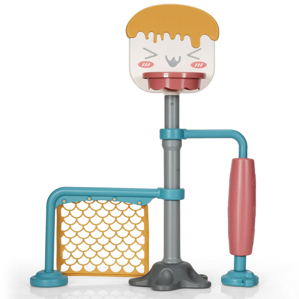 Height adjustable 3-in-1 basketball stand set with soccer goal and roller, designed for kids' active play and.