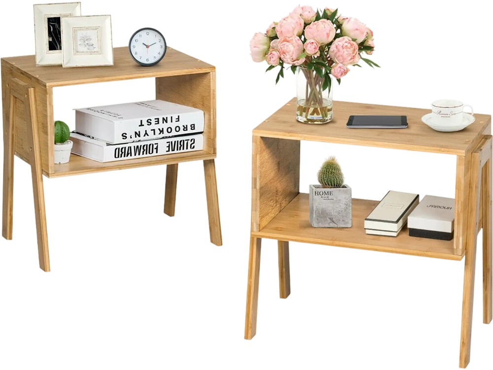 2 Pieces Bamboo Nightstand Sofa Table with Storage Shelf