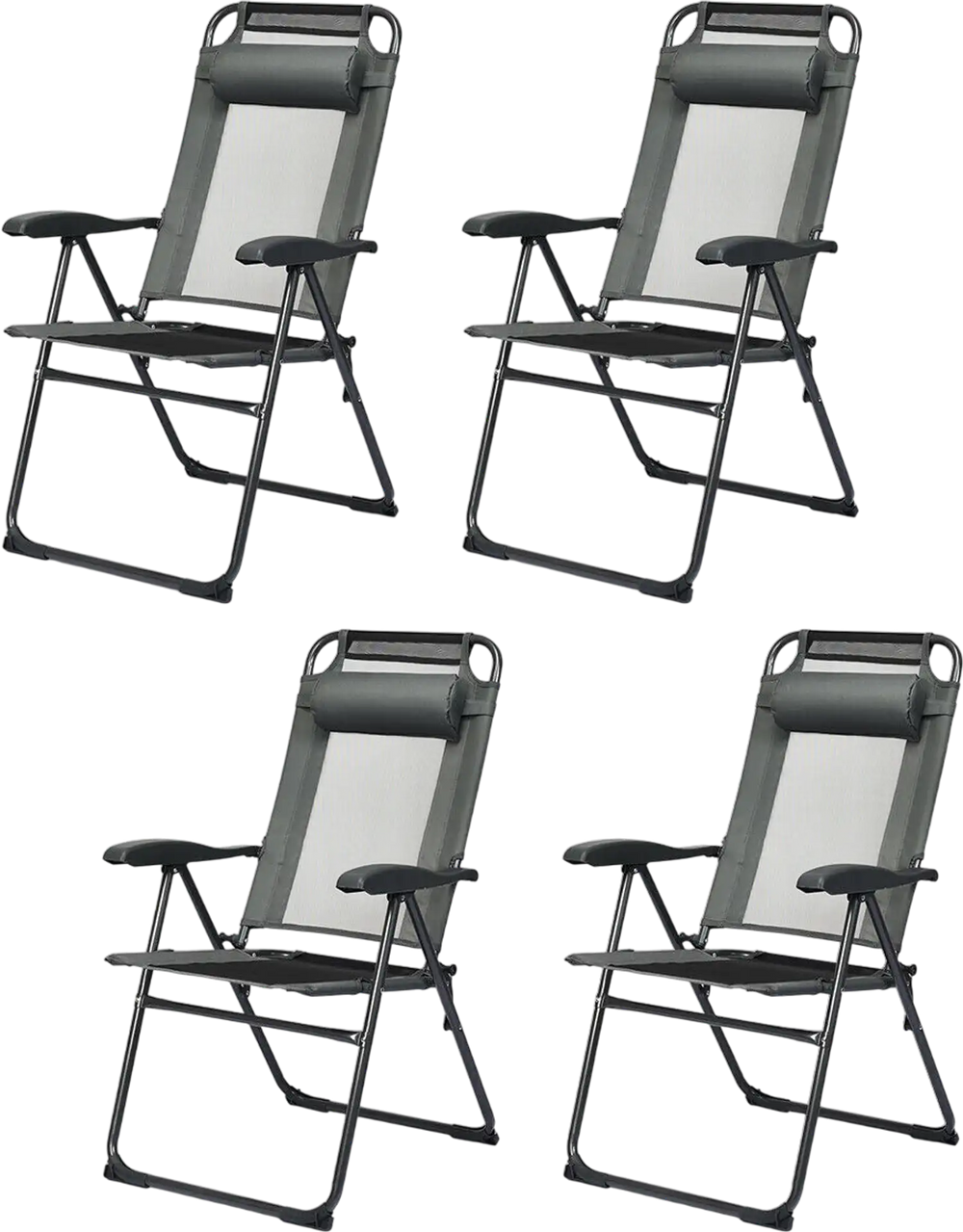 Set of four gray adjustable reclining folding chairs with headrests, perfect for patio, garden, or camping use.