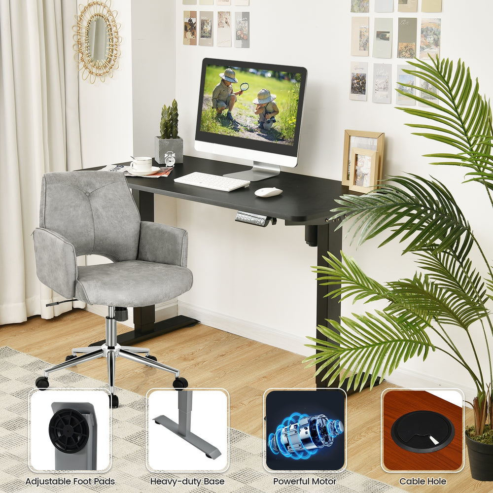 Electric height adjustable standing desk in black with memory controller, featuring a spacious tabletop and cable.