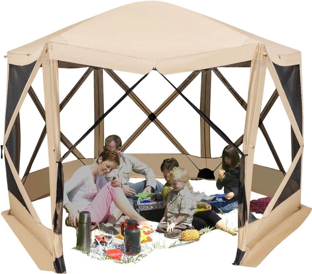 Pop-up screen house tent for 6-8 people, featuring mesh walls and durable polyester fabric, ideal for outdoor.