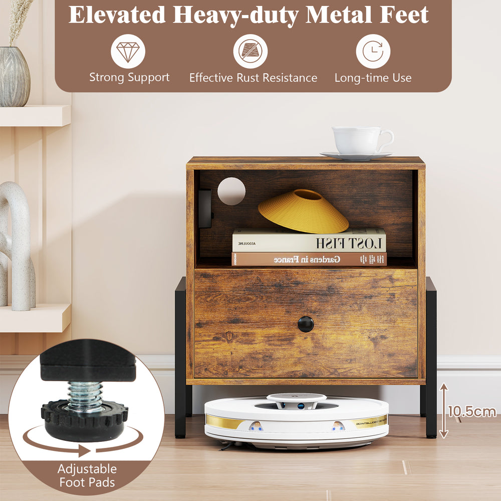 Rustic brown nightstand with charging station, spacious drawer, and adjustable metal feet for optimal stability.