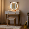 Close-up view of the vanity set's touch screen dimming mirror with adjustable brightness and stylish beech wood legs.
