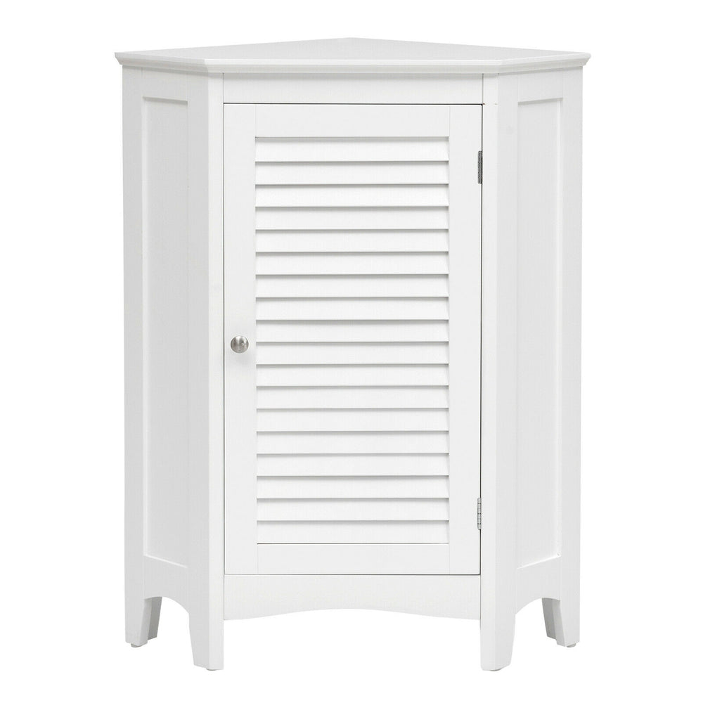 White corner storage cabinet with shutter door, made of MDF, featuring adjustable shelf for efficient space utilization.