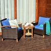 3 Pieces Patio Rattan Furniture Set with Washable Cushion and Acacia Wood Tabletop-Blue - Gallery View 1 of 11