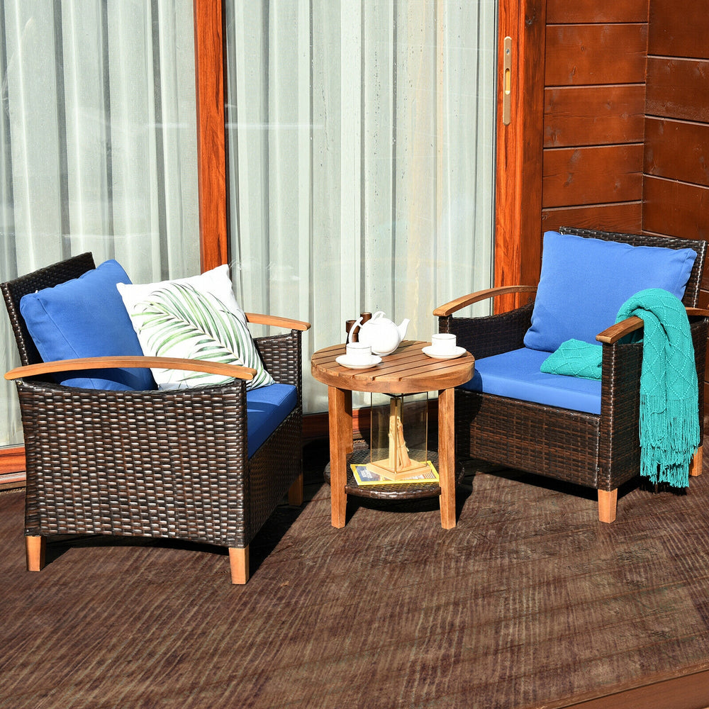 3 Pieces Patio Rattan Furniture Set with Washable Cushion and Acacia Wood Tabletop-Blue - Gallery View 1 of 11