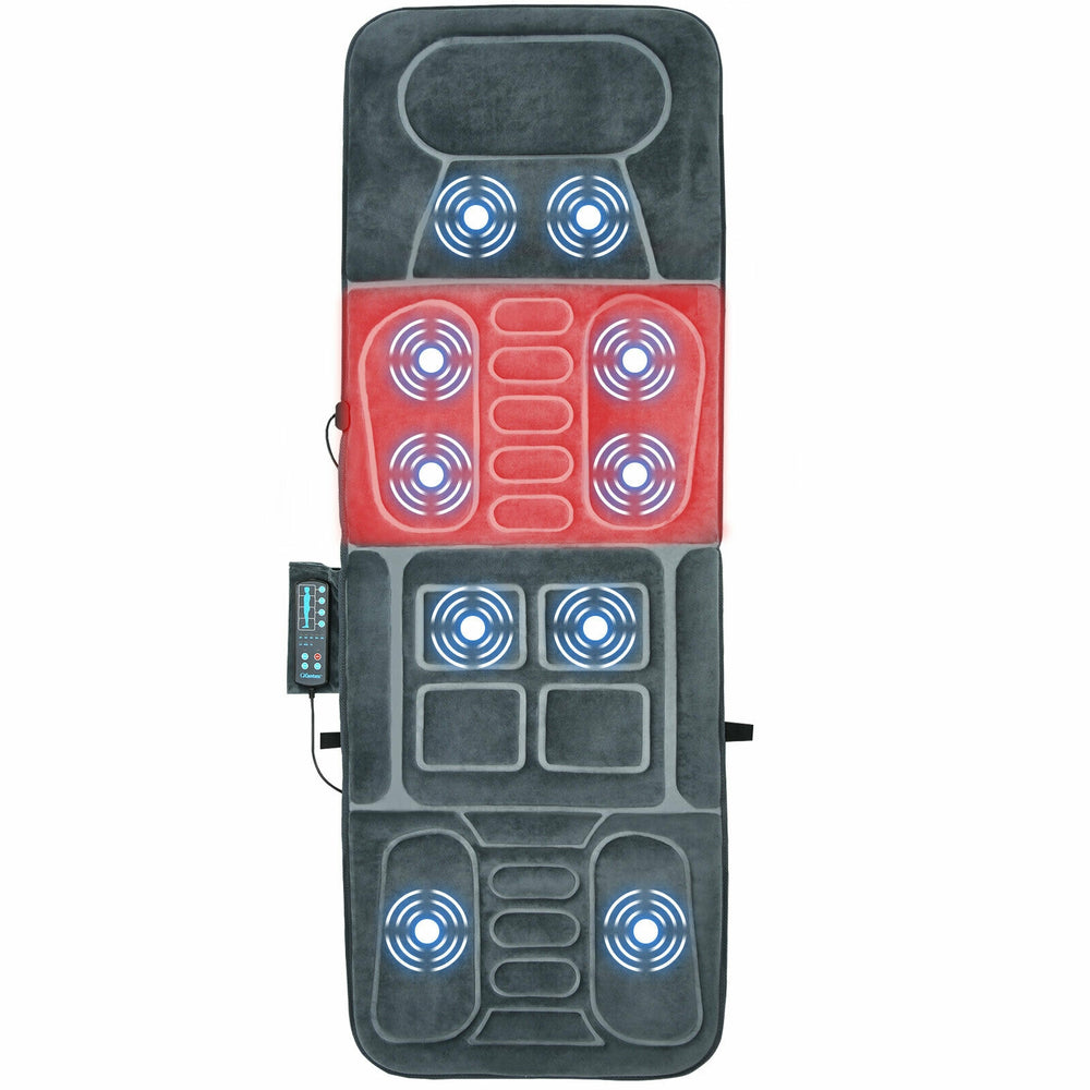 Foldable massage mat with heat and 10 vibration motors, featuring plush surface for neck, back, and lumbar relief at.