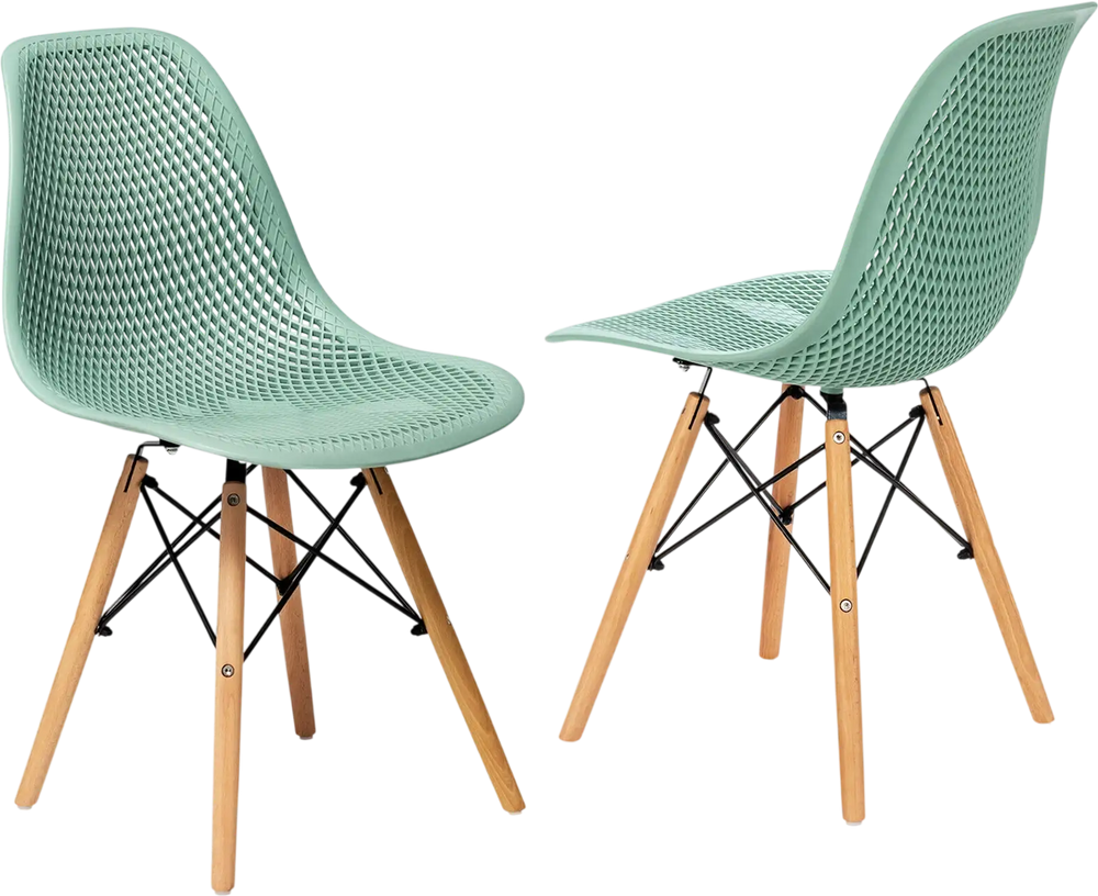 Modern green plastic hollow chair set with wood legs, ergonomic design, perfect for dining rooms or offices.