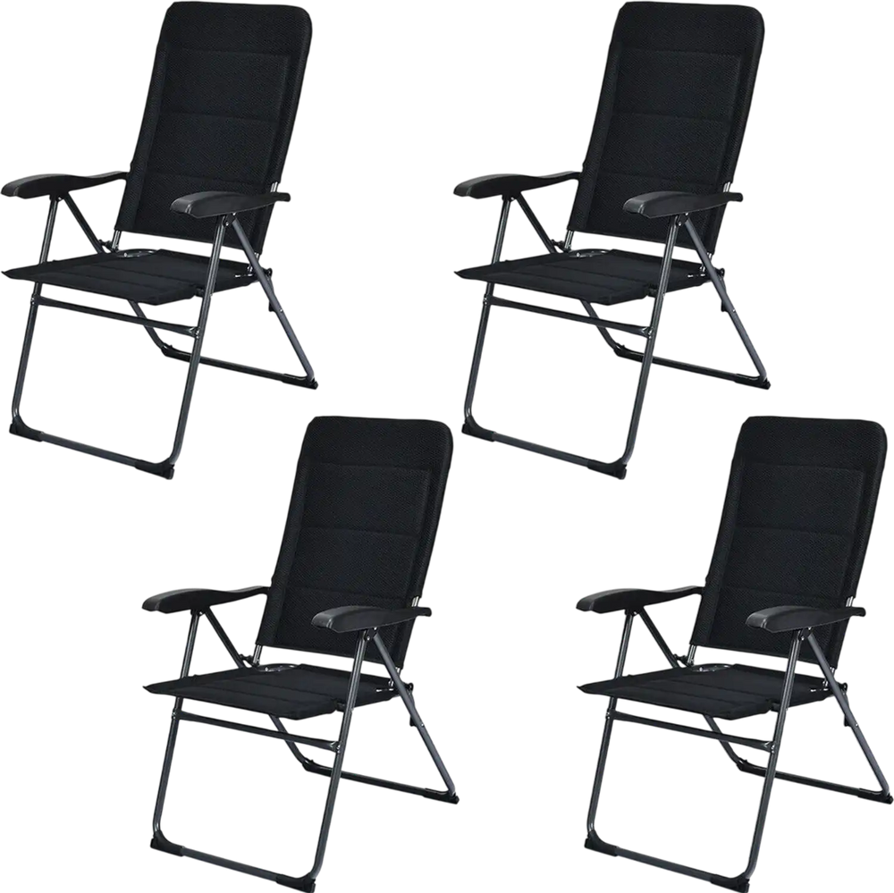 Set of 4 black patio folding chairs with adjustable backrest, made of steel and oxford fabric, ideal for outdoor use.