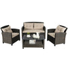 4-piece outdoor rattan furniture set featuring 2 single sofas, a loveseat, and a glass-top tea table for backyard.