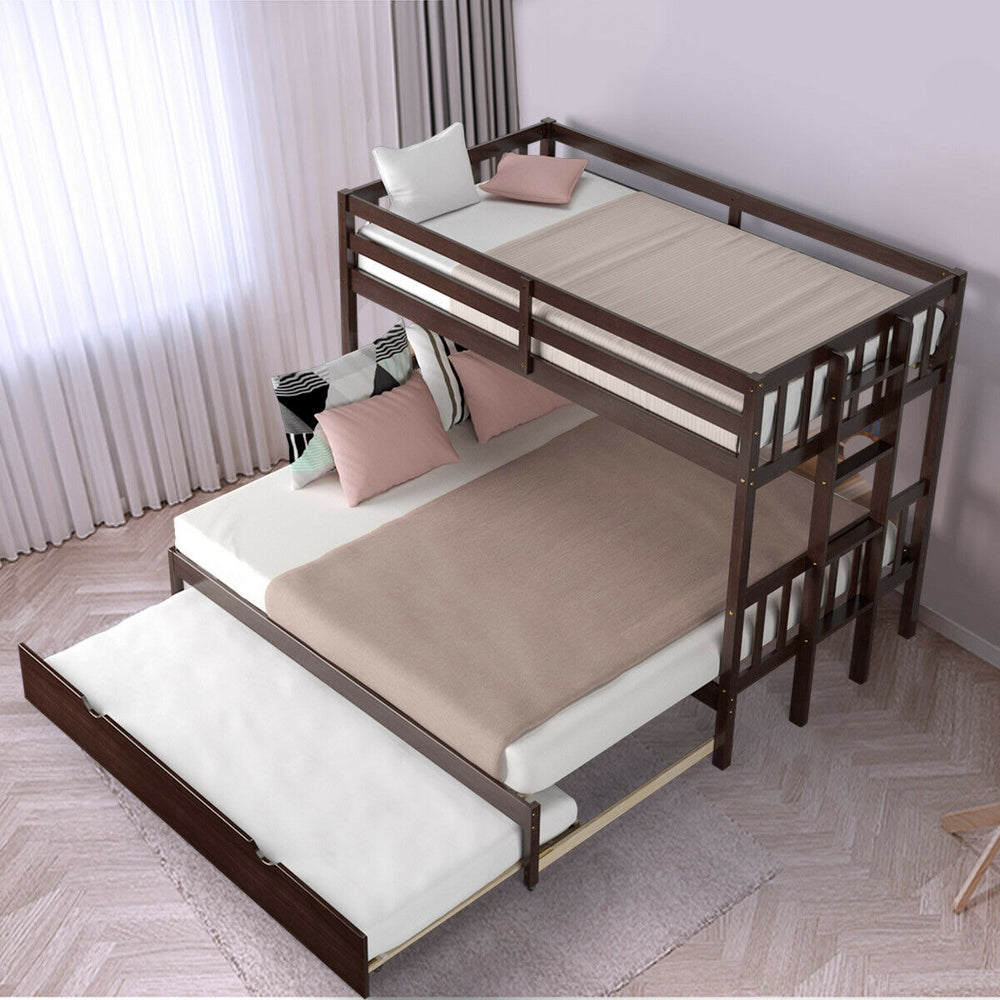 Twin pull-out bunk bed in espresso with trundle, featuring full-length guardrails and sturdy wooden construction for.