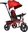 Kids tricycle in red with adjustable push handle, removable canopy, and safety guardrail for ages 10 months to 5 years.