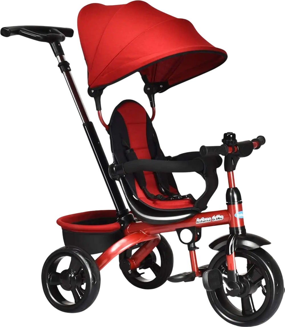 Kids tricycle in red with adjustable push handle, removable canopy, and safety guardrail for ages 10 months to 5 years.