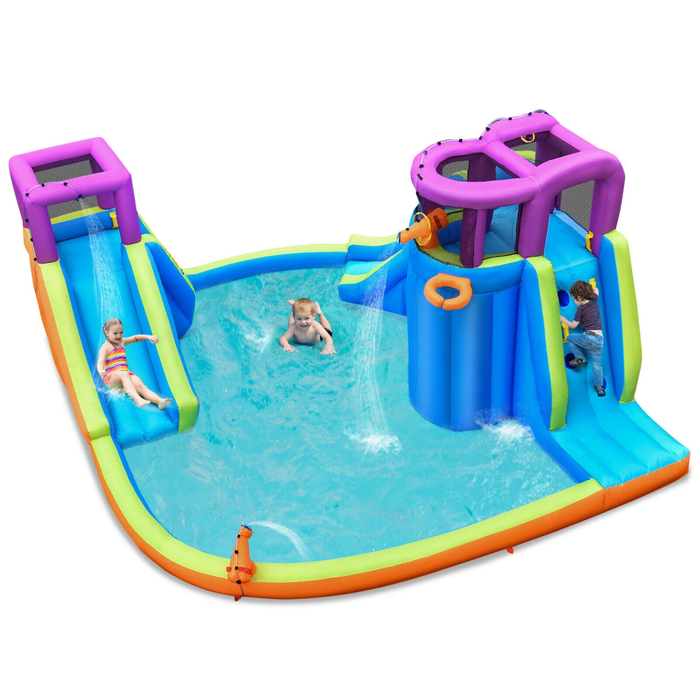 Colorful 6-in-1 inflatable water slide bounce house with dual slides, water sprayers, and built-in water guns for.