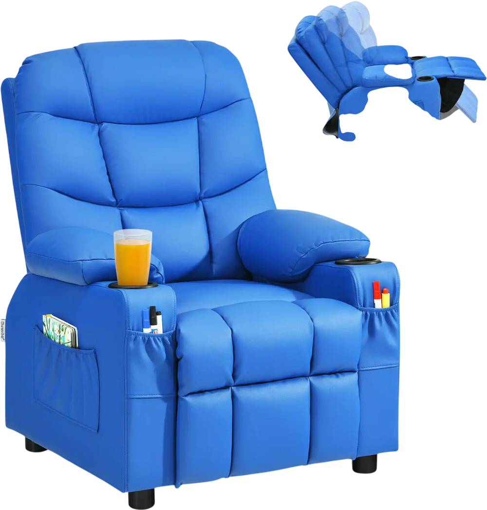 Kids recliner chair in blue with cup holder, footrest, and side pockets for storage, perfect for home theater or living.