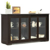 Brown sideboard buffet cabinet with sliding tempered glass doors, featuring two shelves and a spacious top for storage.