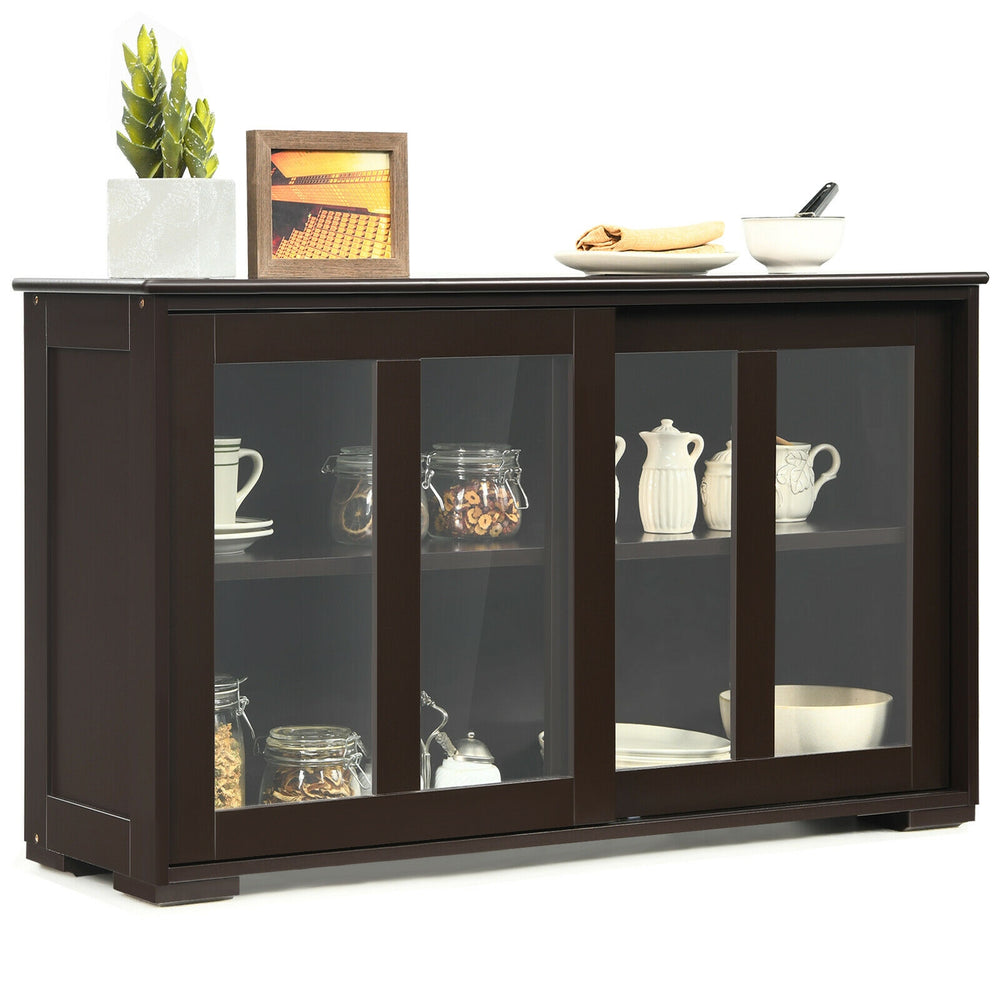 Brown sideboard buffet cabinet with sliding tempered glass doors, featuring two shelves and a spacious top for storage.