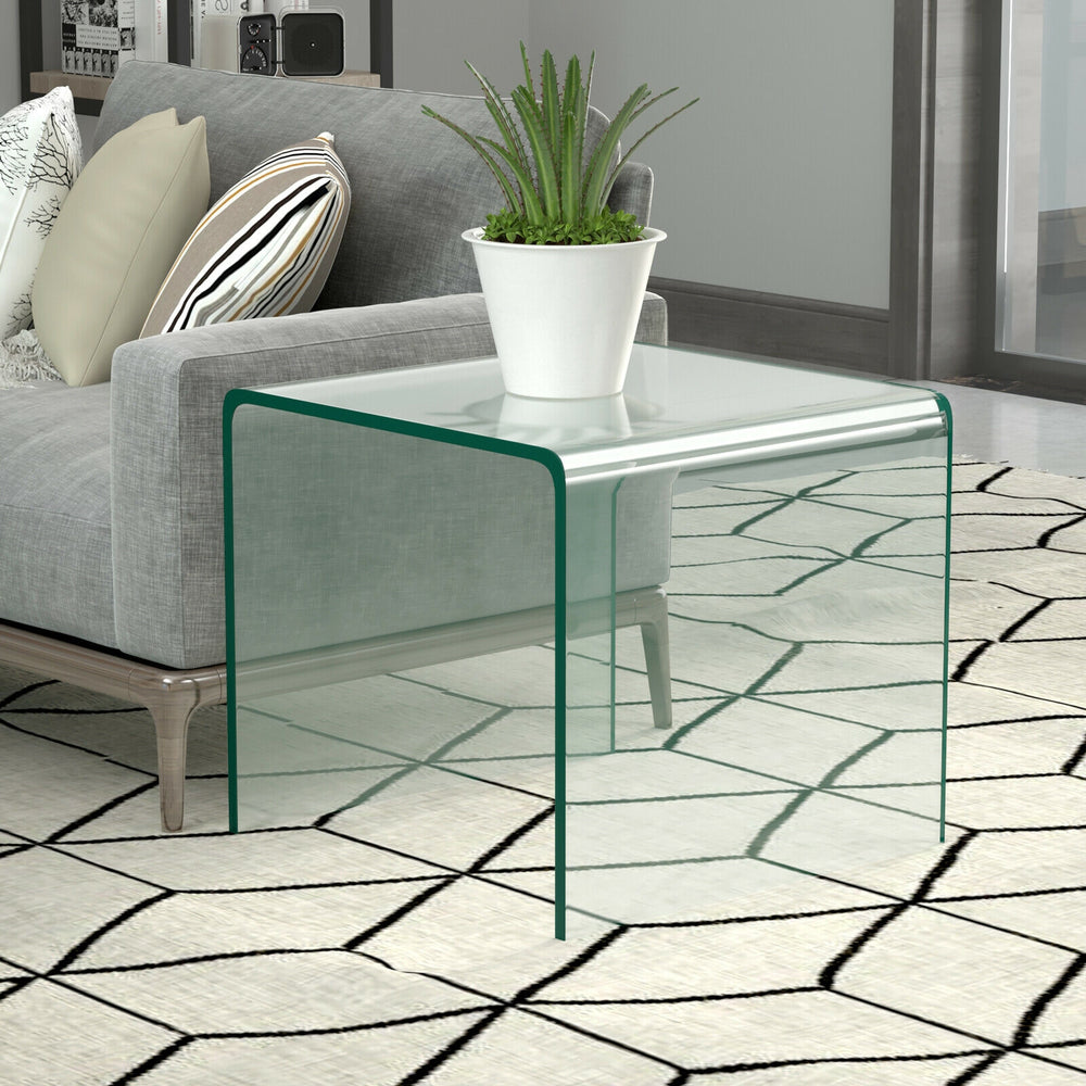 Tempered glass waterfall end table with non-slip pads, 18x18x16 inches, ideal for minimalist living room decor.