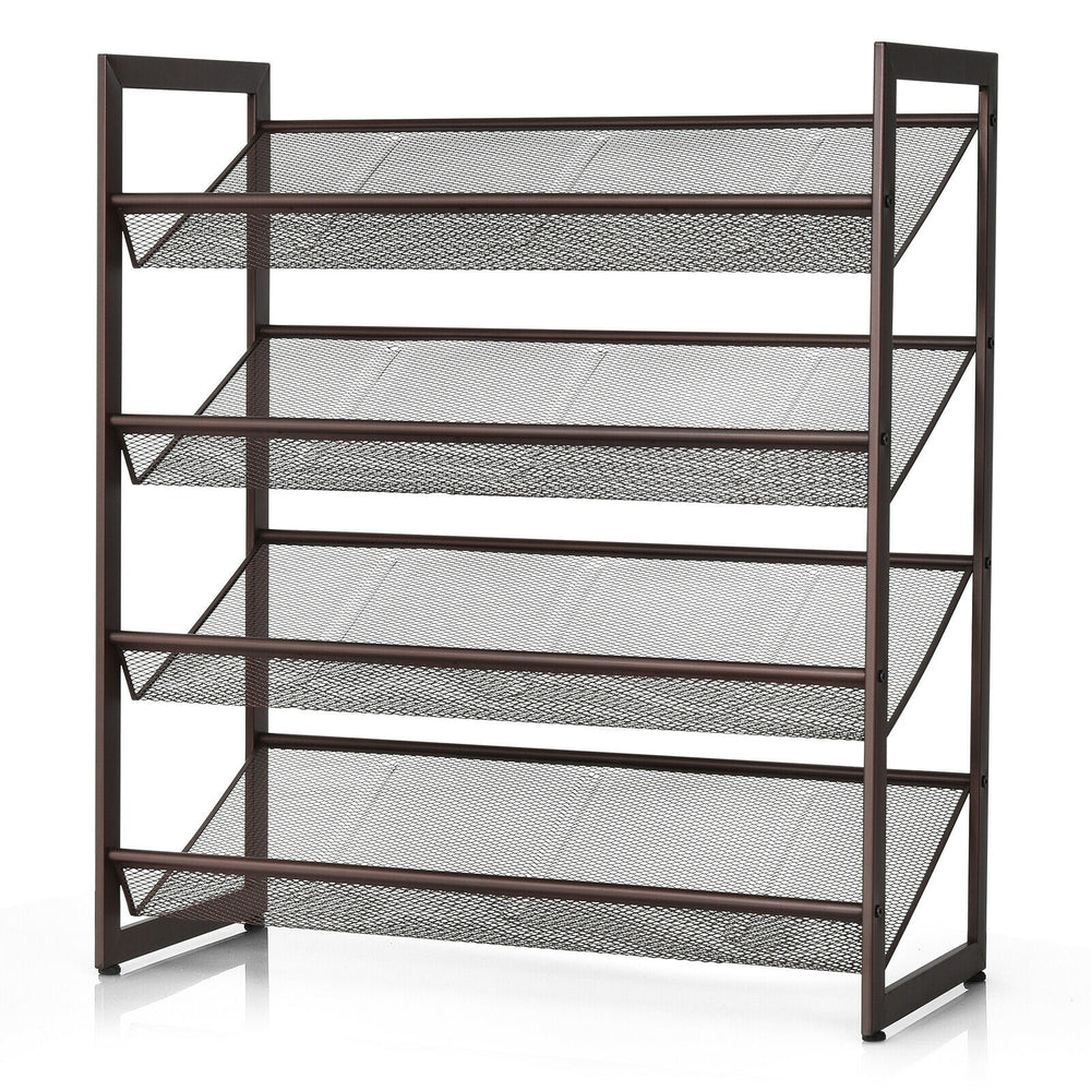 4-tier metal shoe rack with adjustable mesh shelves, ideal for organizing up to 16 pairs in entryways or hallways.