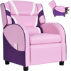 Kids leather recliner chair in pink and purple with adjustable backrest, side pockets, and sturdy design for ages 3-12.