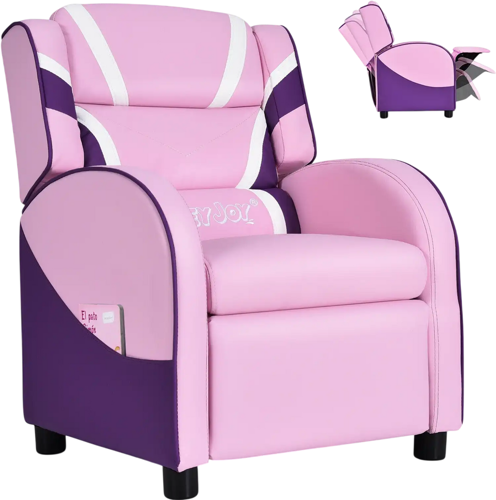 Kids leather recliner chair in pink and purple with adjustable backrest, side pockets, and sturdy design for ages 3-12.