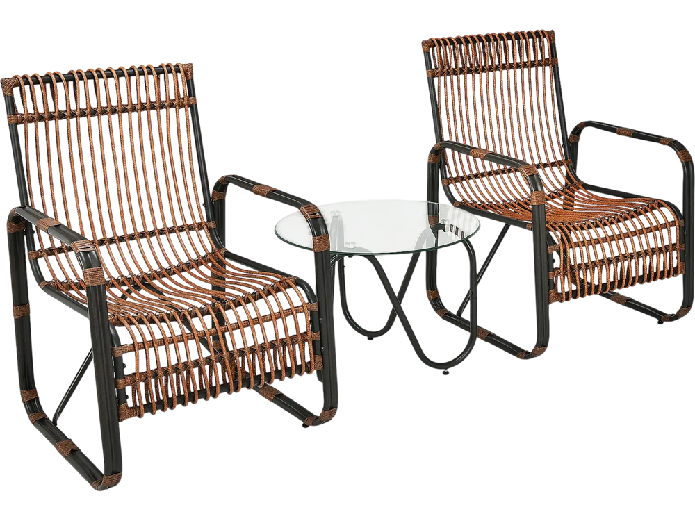 3 Pieces Patio Rattan Furniture Set with 2 Single Wicker Chairs and Glass Side Table