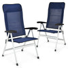 Two blue patio dining chairs with adjustable backrests, made of aluminum and iron, designed for outdoor comfort.