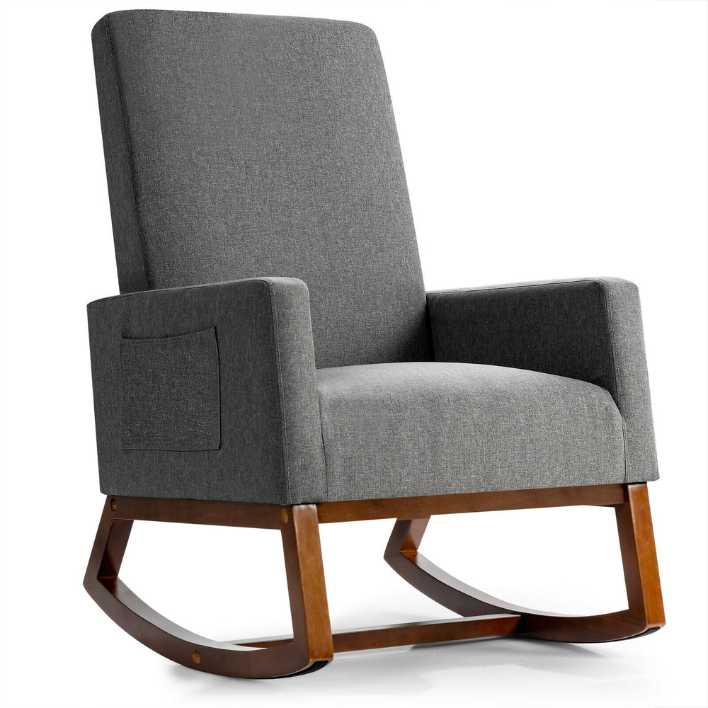 Gray rocking high back upholstered lounge armchair featuring a sleek design and ergonomic support, ideal for cozy.
