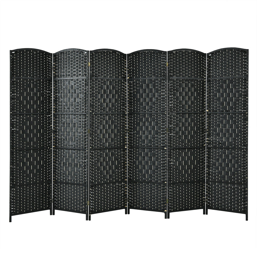 6-panel black weave folding room divider screen, 6.5 ft tall, perfect for creating private spaces in various settings.