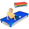 Colorful kids stackable naptime cot in blue with a child lounging, ideal for preschools and daycares.
