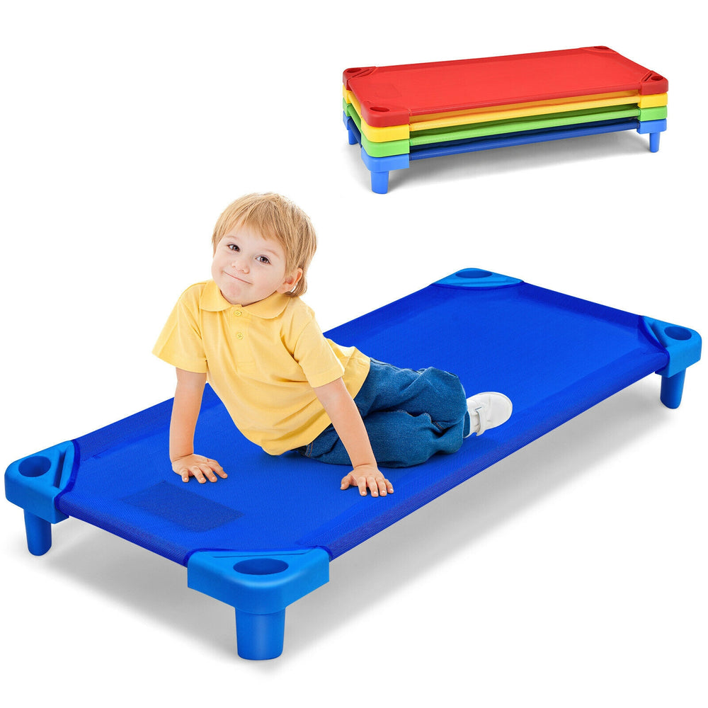 Colorful kids stackable naptime cot in blue with a child lounging, ideal for preschools and daycares.