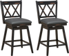 Set of 2 black swivel counter height barstools with rubber wood legs and comfortable PVC seats for versatile use.