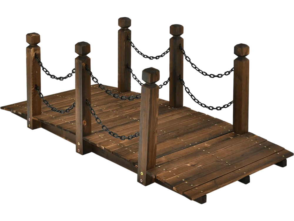 5 Feet Wooden Garden Bridge Arc Footbridge Stained Finish Walkway with Safety Rails
