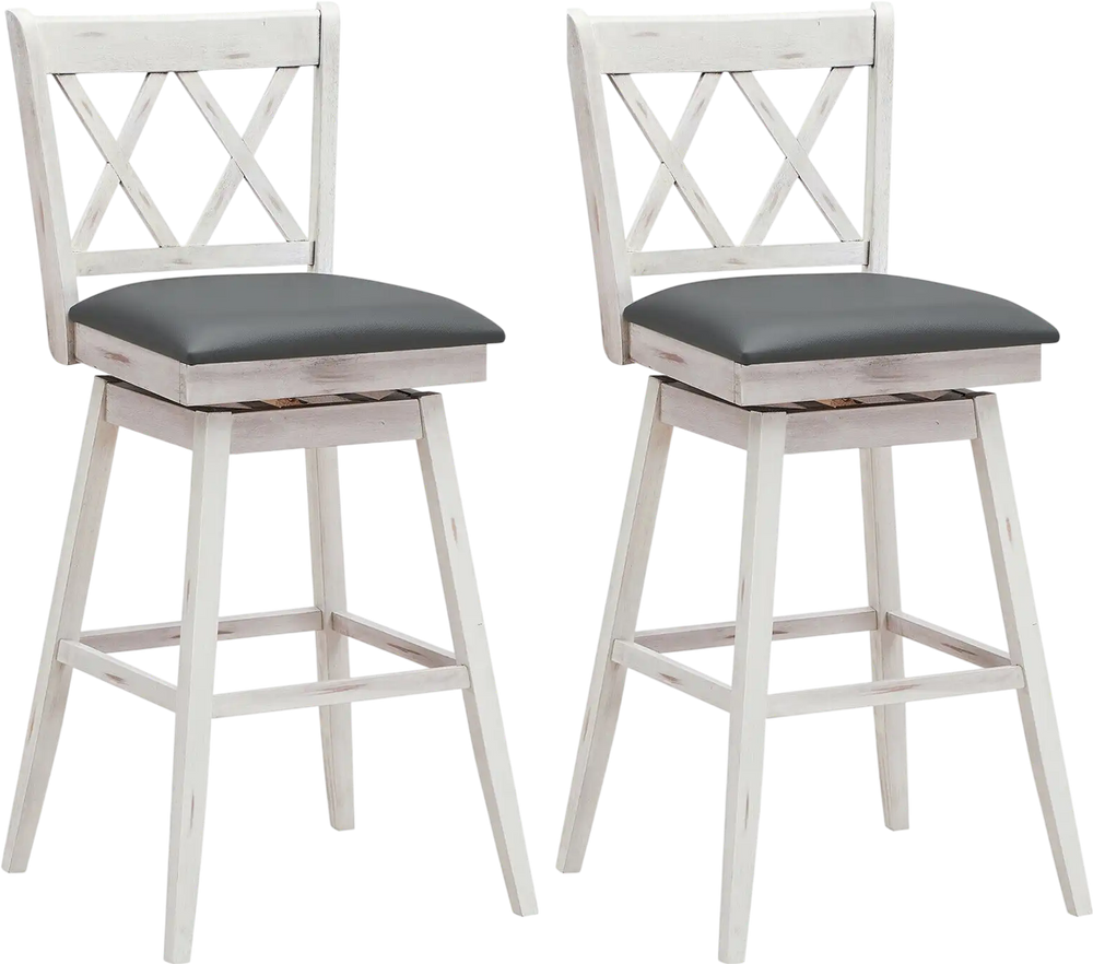 Set of 2 swivel counter height barstools with rubberwood legs and PVC leather cushions, ideal for home or office use.