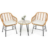 Cushioned rattan chair set with round glass table, perfect for outdoor patio relaxation and entertaining.