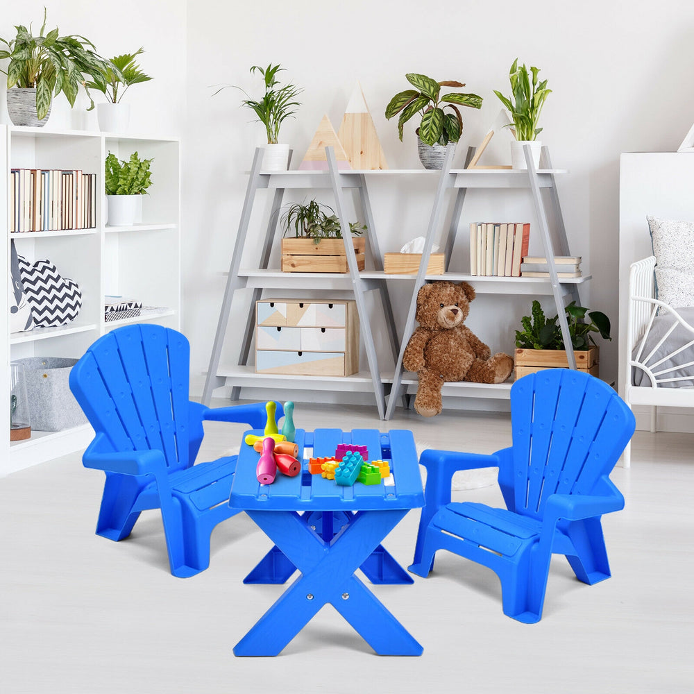 Blue 3-piece plastic children table and chair set, perfect for arts, crafts, and play in living room or nursery.