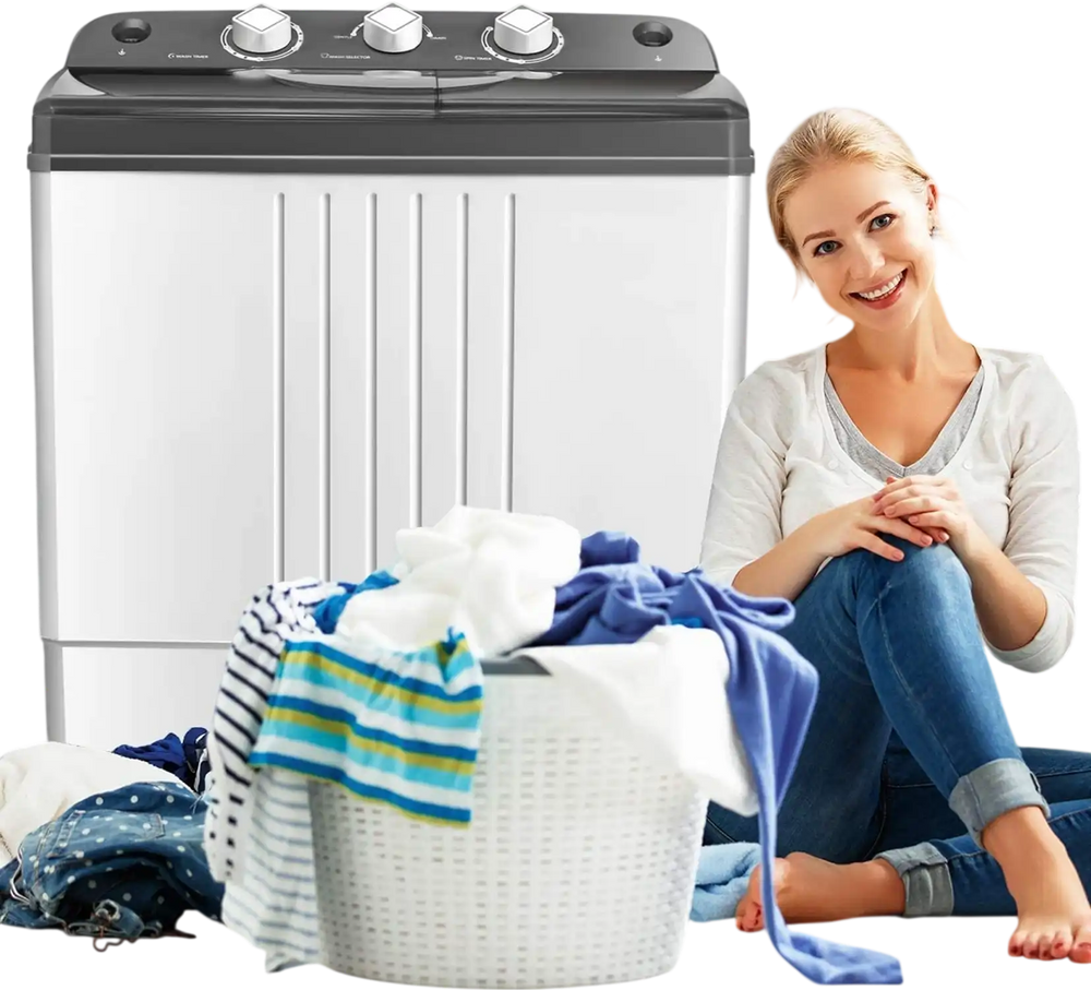 Portable semi-automatic twin-tub washing machine with compact design, perfect for apartments and RVs, shown with.