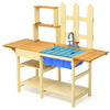 Kid's outdoor wooden pretend cook kitchen playset made of natural fir wood, featuring a blue basin and faucet for.