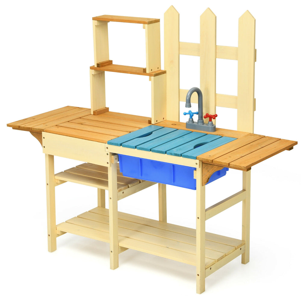 Kid's outdoor wooden pretend cook kitchen playset made of natural fir wood, featuring a blue basin and faucet for.