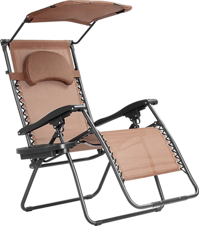 Costway Folding Recliner Lounge Beach Chair w/ Shade Canopy Cup Holder 19826035 New