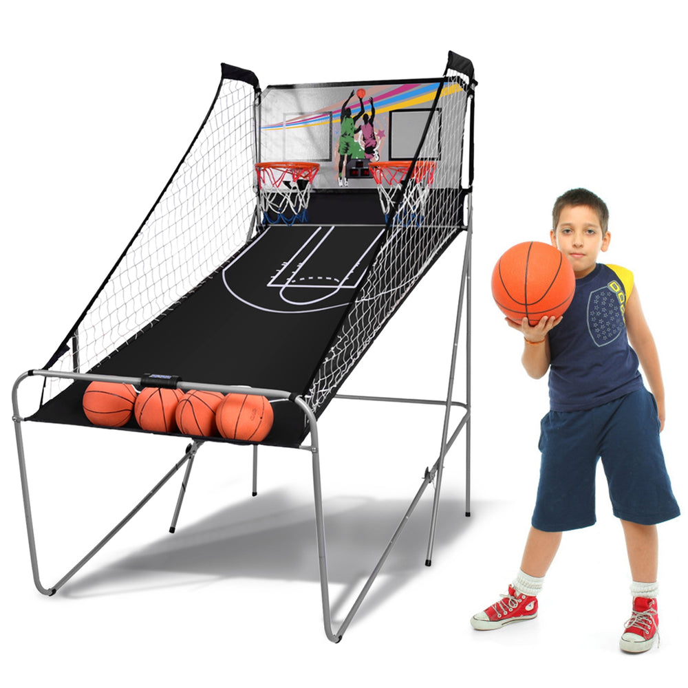 Foldable double electronic basketball game featuring a sturdy gray frame, two hoops, and four basketballs for engaging.