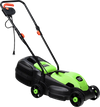13-inch electric push lawn mower in green with ergonomic handle and grass bag for easy lawn maintenance.