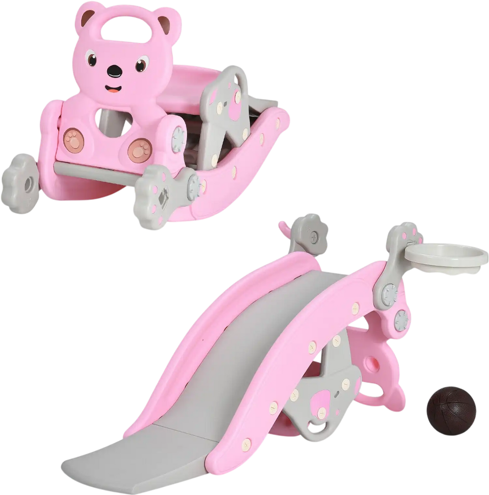 4-in-1 pink toddler slide and rocking horse playset with basketball hoop, designed for safe indoor play and development.