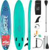 10-foot inflatable stand-up paddle board in teal with floral design, includes paddle, fins, and carrying bag for water.