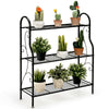 Three-tier black metal plant stand showcasing various potted plants, ideal for balconies and gardens.